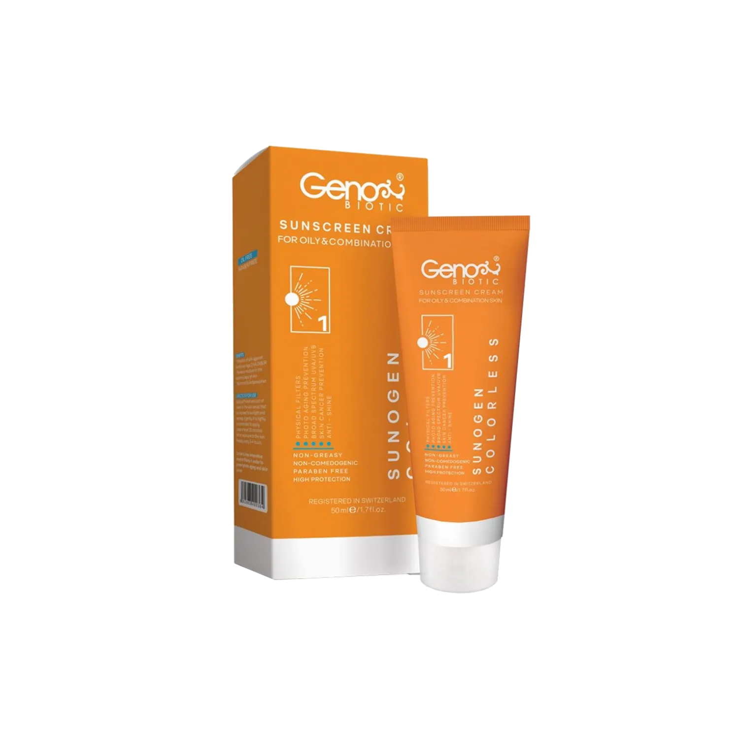 کرم ضدآفتاب بی‌رنگ ژنو بایوتیک GENOBIOTIC پوست چرب و مختلط SPF50
